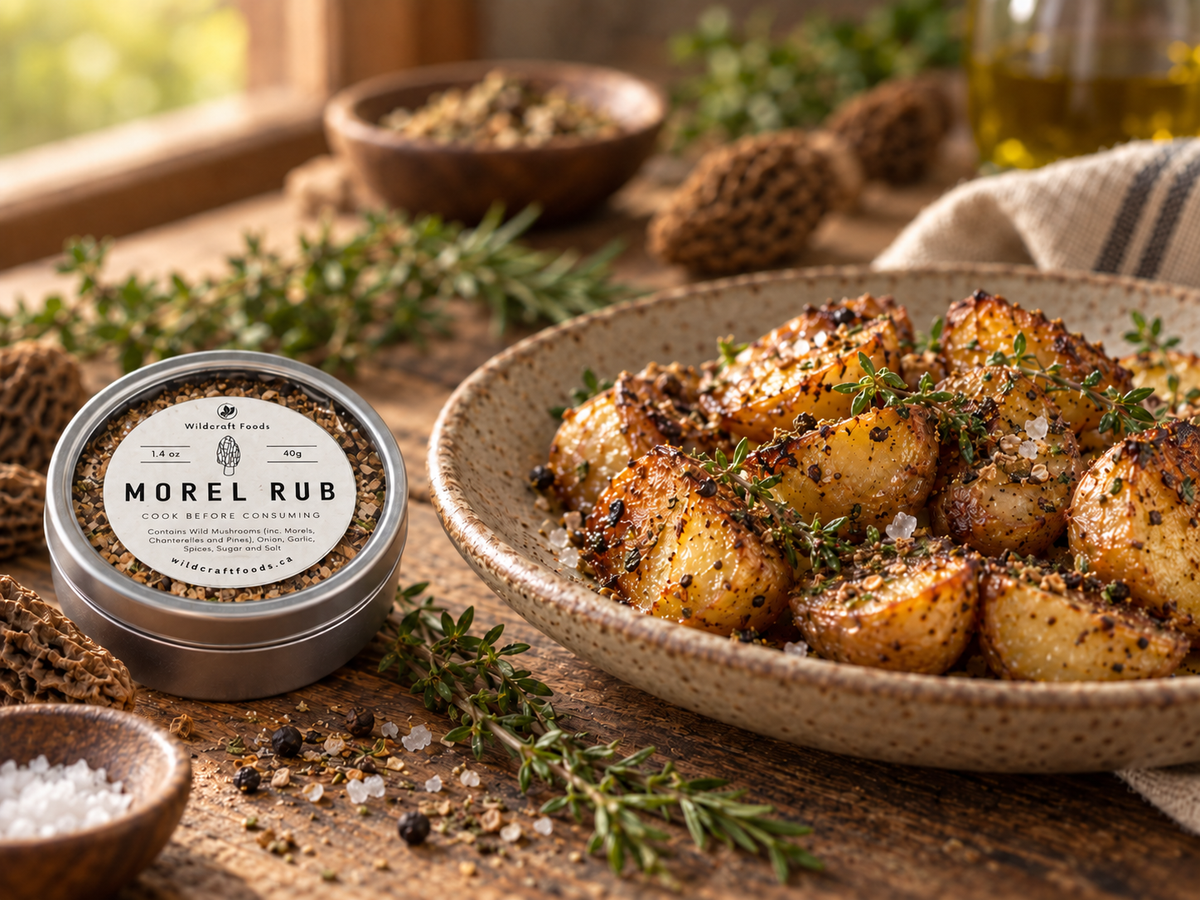 Roasted potatoes with herbs and seasoning beside a Morel Rub tin