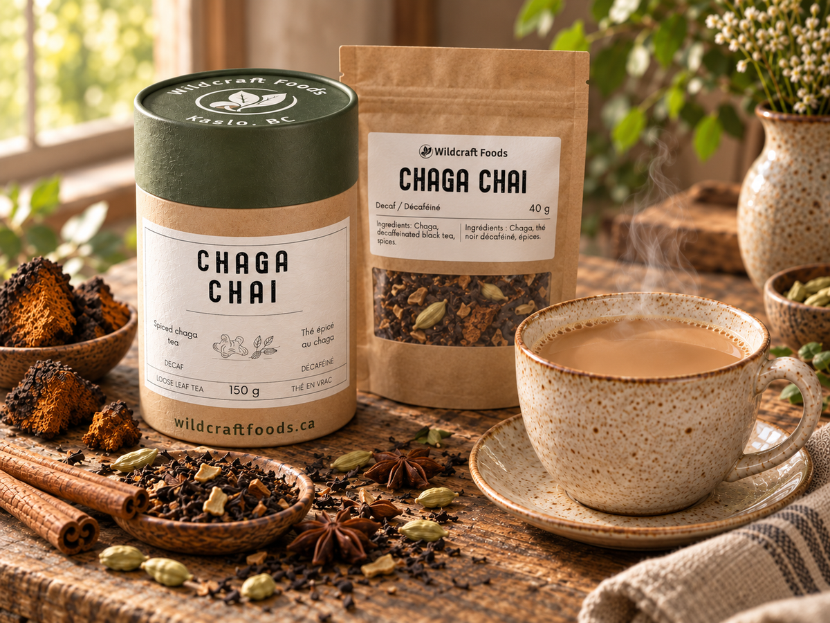 Product visualisation of Chaga Chai in its 150 g tube and 40 g window pouch beside a prepared cup