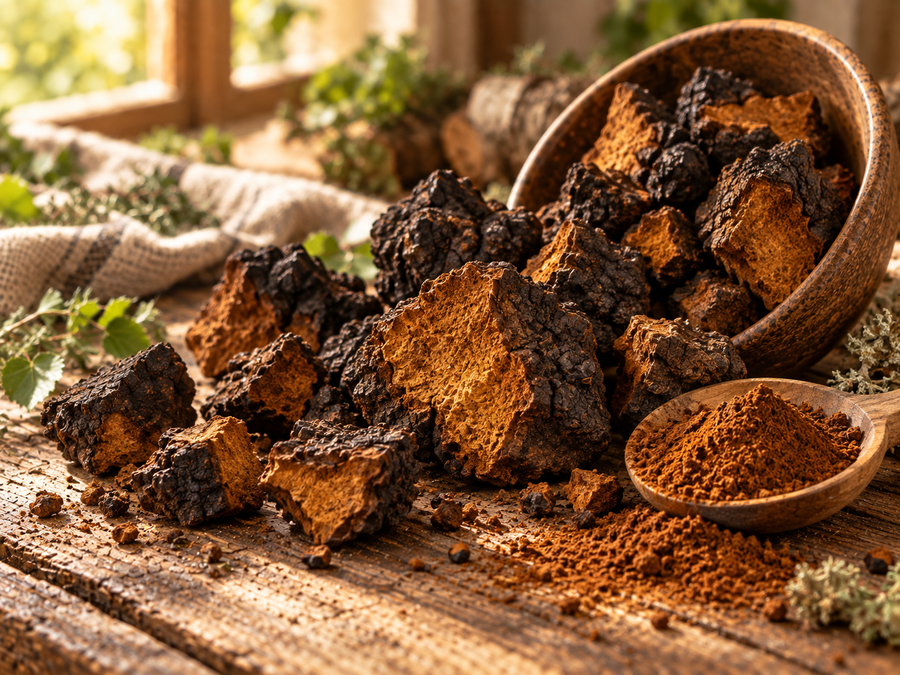 Product visualisation of rough chaga chunks beside a shallow dish of ground chaga