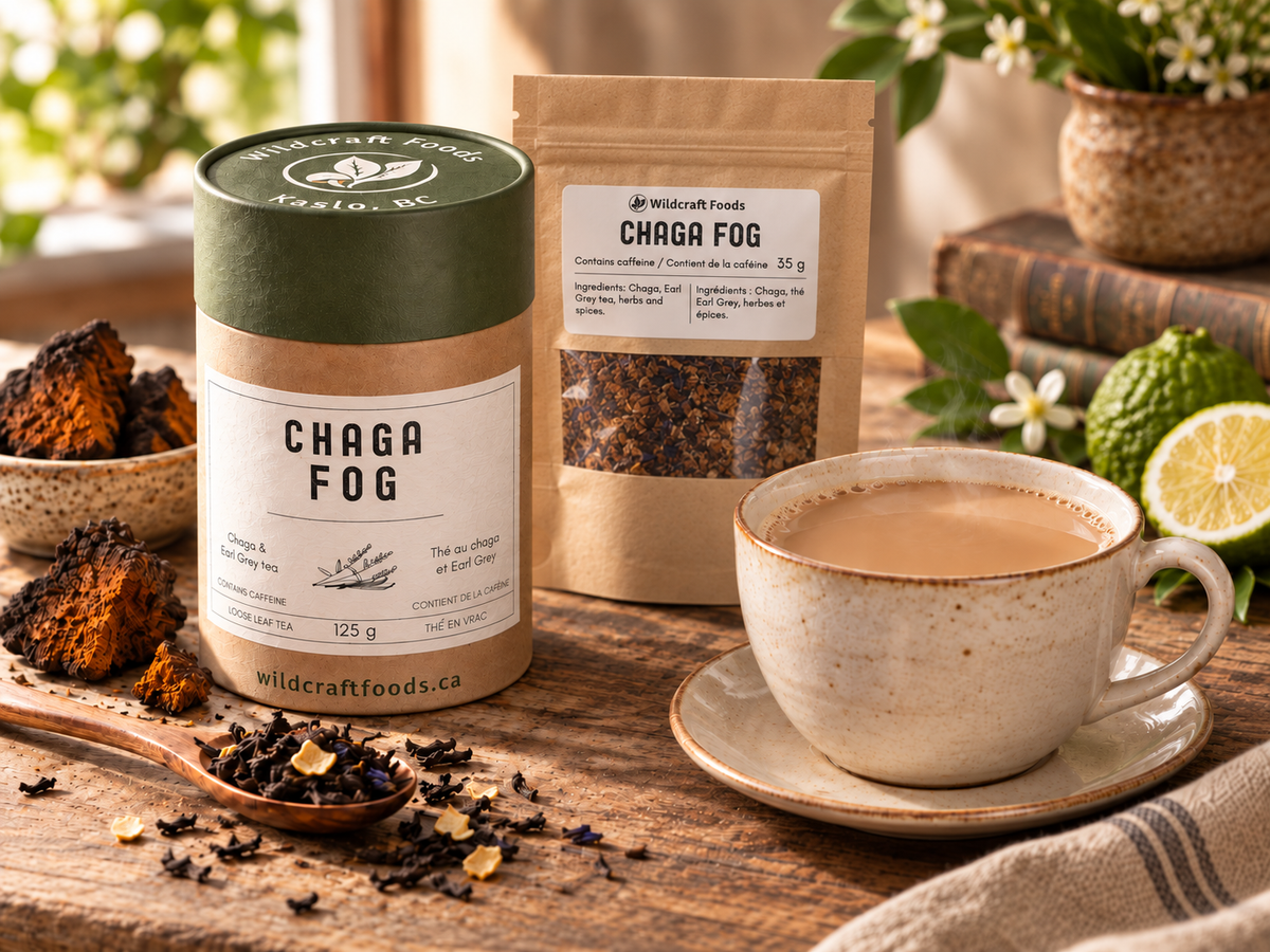 Product visualisation of Chaga Fog in its 125 g tube and 35 g window pouch beside a prepared cup