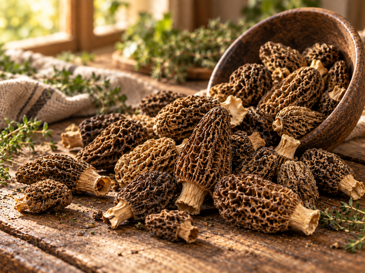 Product visualisation of whole dried morels showing pitted caps and stems