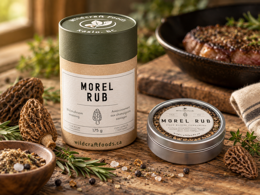 Product visualisation of the Morel Rub 175 g tube beside the labelled 40 g window tin, with the coarse seasoning visible around its round label