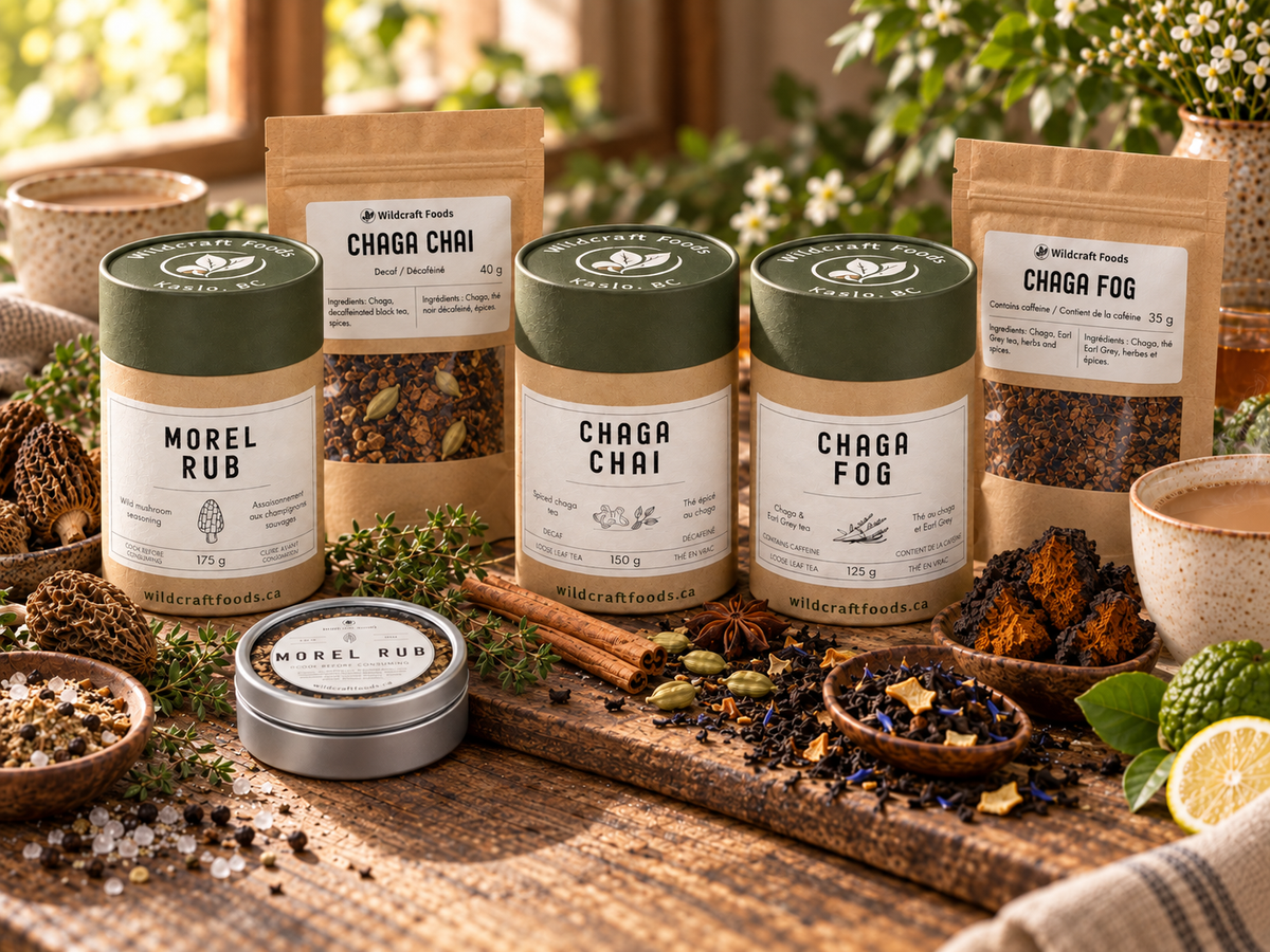 Product visualisation of Wildcraft Foods teas and Morel Rub in their retail packaging
